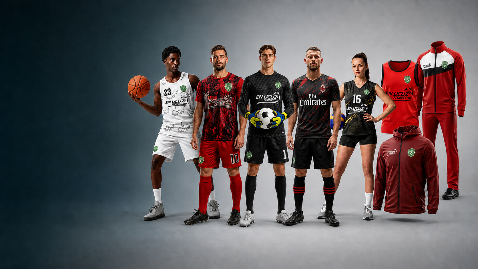Futbol, basketbol, voleybol ve takım giyim koleksiyonu